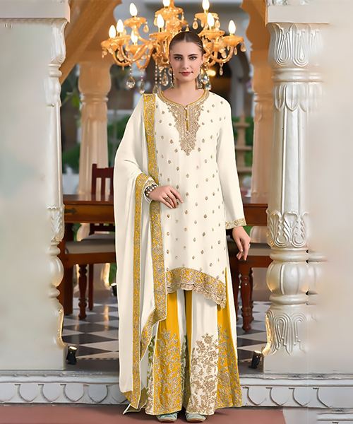 White & Yellow Silk Partywear Suit